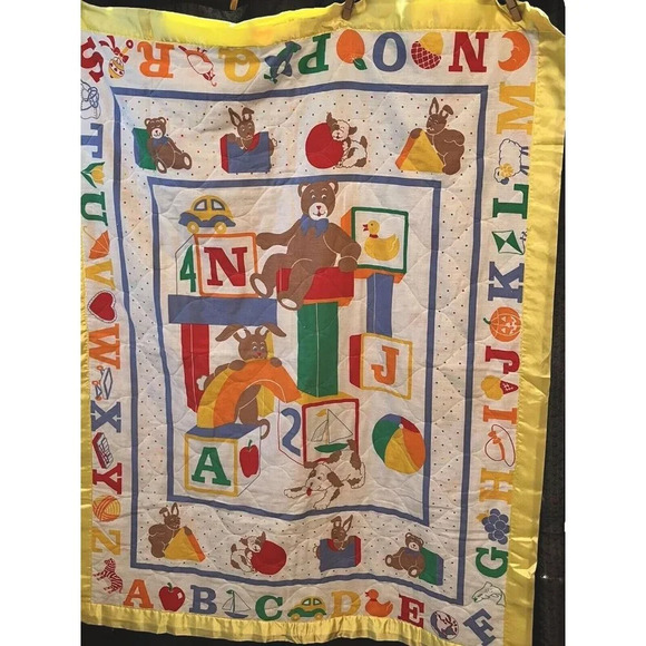 Wamsutta Other - Vintage Baby Blanket/yellow/Satin Trim/Teddy Bear/ABC’s/Blocks/Boy/Girl 35”x44”